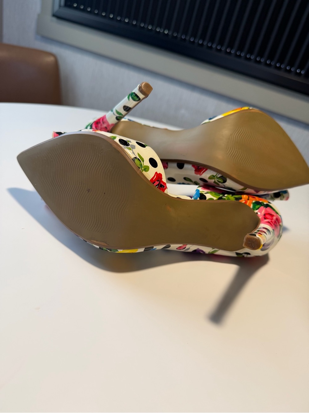 Betsey Johnson White & Black Floral Pointed Toe Stiletto Heels with Bow Accent - Picture 7 of 14